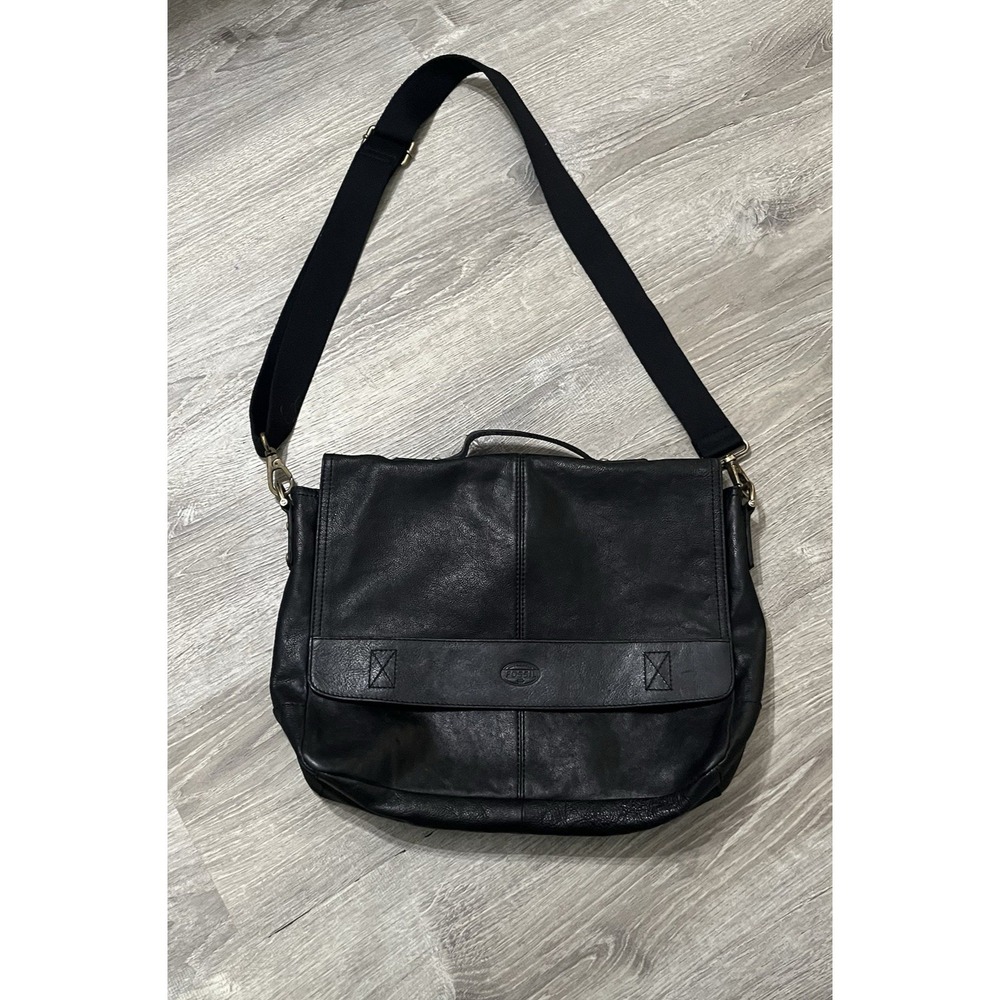 Fossil Black Leather Messenger Bag Briefcase Shoulder Carry Cow Hide‎